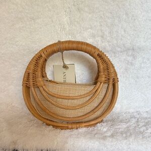 Round Rattan and Burlap Handbag
